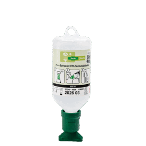 Plum Eyewash 500 ml flaske med enkel eyecup – 0.9% steril natriumklorid for trygg og effektiv øyeskyll fra Plum Safety