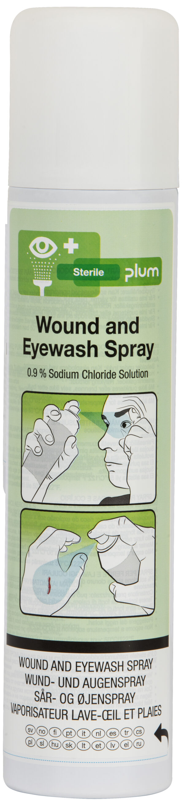 Plum Wound & Eyewash Spray 250 ml – praktisk førstehjelpsspray for sår og øyeskylling fra Plum Safety.