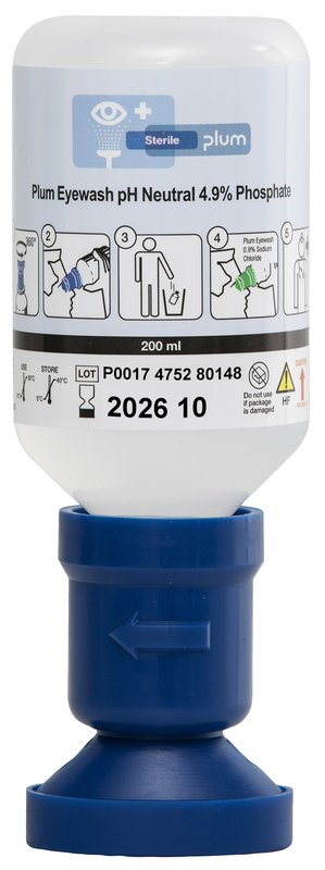 Plum Eyewash pH Neutral 200 ml flaske med ergonomisk eyecup – nøytraliserer syrer og baser for rask førstehjelp.