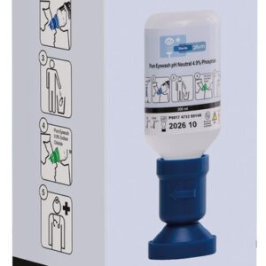 Plum Eyewash pH Neutral 200 ml flaske med eyecup i one-bottle-box – nøytraliserer syrer og baser for rask førstehjelp.