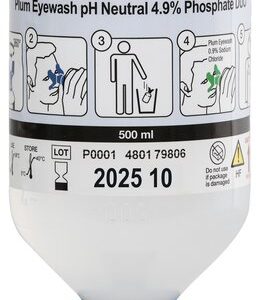 Plum Eyewash pH Neutral 500 ml flaske med DUO eyecup – nøytraliserer syrer og baser for rask førstehjelp.