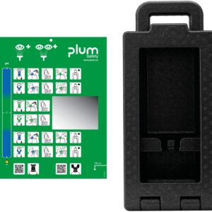 Plum iBox 1 tom førstehjelpsboks med gjennomsiktig frontvindu og plass til Plum øyeskyllflasker 200 ml og 500 ml, veggmontert og støvtett design