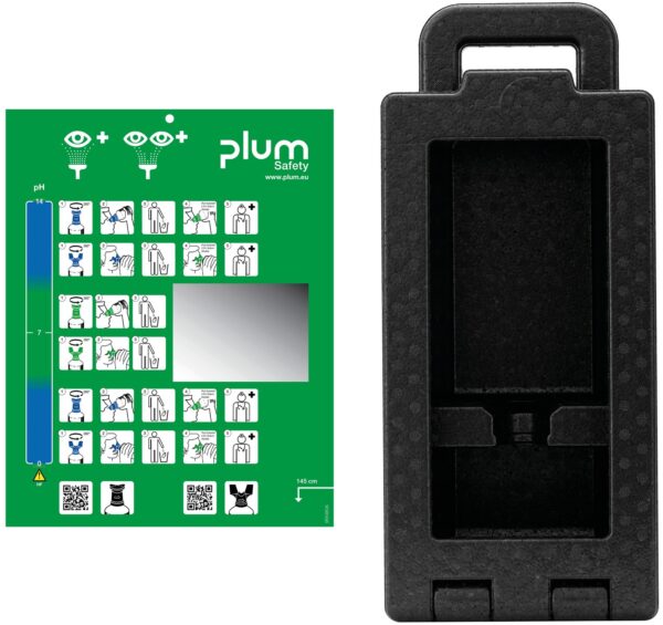 Plum iBox 1 tom førstehjelpsboks med gjennomsiktig frontvindu og plass til Plum øyeskyllflasker 200 ml og 500 ml, veggmontert og støvtett design