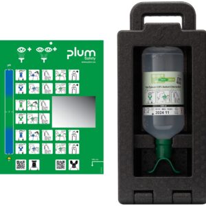 Plum iBox 1 med 1000 ml DUO øyeskyll – komplett løsning for samtidig skylling av begge øyne i støvete og risikoutsatte miljøer. Enkel å montere og lett å ta med ved ulykker.