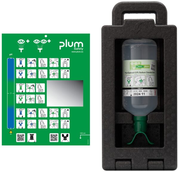 Plum iBox 1 med 1000 ml DUO øyeskyll – komplett løsning for samtidig skylling av begge øyne i støvete og risikoutsatte miljøer. Enkel å montere og lett å ta med ved ulykker.