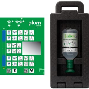 Plum iBox 1 med 500 ml øyeskyll – en støvtett og synlig førstehjelpsløsning som sikrer rask tilgang ved øyeskader på arbeidsplassen.