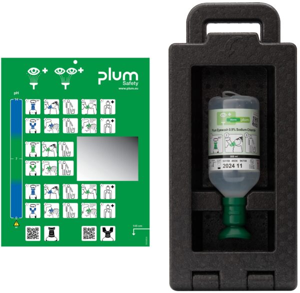 Plum iBox 1 med 500 ml øyeskyll – en støvtett og synlig førstehjelpsløsning som sikrer rask tilgang ved øyeskader på arbeidsplassen.