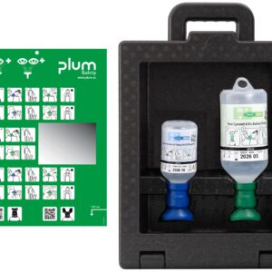 Plum iBox 2 – med pH Neutral og natriumkloridflaske. En komplett løsning for rask og effektiv øyeskylling ved kjemiske uhell og fremmedlegemer.