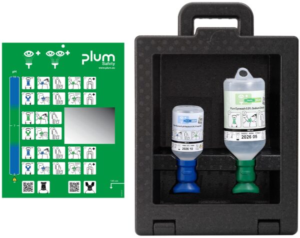 Plum iBox 2 – med pH Neutral og natriumkloridflaske. En komplett løsning for rask og effektiv øyeskylling ved kjemiske uhell og fremmedlegemer.