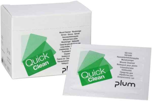 Plum QuickClean Box med 20 sterile wipes – praktiske og hygieniske servietter for rask sår- og hudrensing.