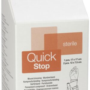 Plum QuickStop Box med 3 stk sårbandasje-kit – effektiv førstehjelp for rask stans av blødninger.