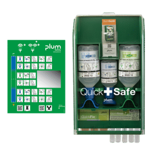 Plum QuickSafe Box Chemical Industry – komplett førstehjelpsstasjon med pH Neutral Eyewash og plaster fra Plum Safety