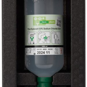 Plum iBox 1 med 1000 ml DUO – robust, støvtett løsning for rask og effektiv skylling av begge øyne samtidig.
