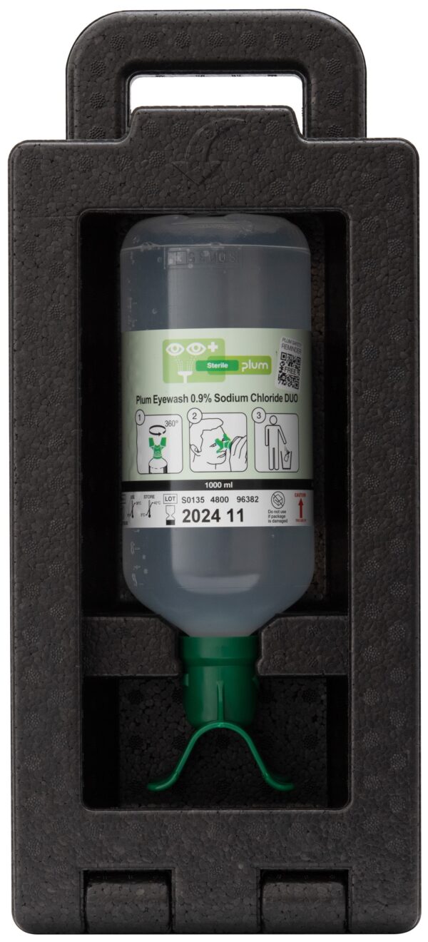 Plum iBox 1 med 1000 ml DUO – robust, støvtett løsning for rask og effektiv skylling av begge øyne samtidig.