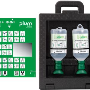 Plum iBox 2 med 2 x 500 ml 0,9 % natriumklorid – komplett løsning for effektiv og skånsom øyeskylling ved mekaniske øyeskader.