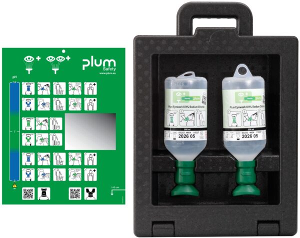 Plum iBox 2 med 2 x 500 ml 0,9 % natriumklorid – komplett løsning for effektiv og skånsom øyeskylling ved mekaniske øyeskader.