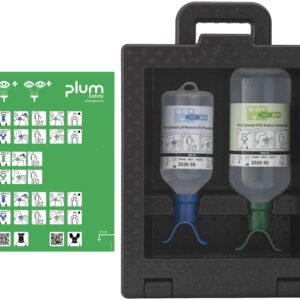 Plum iBox 2 med pH Nøytral DUO og natriumklorid DUO – komplett løsning for rask førstehjelp ved både kjemiske og mekaniske øyeskader.