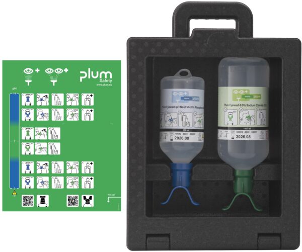 Plum iBox 2 med pH Nøytral DUO og natriumklorid DUO – komplett løsning for rask førstehjelp ved både kjemiske og mekaniske øyeskader.