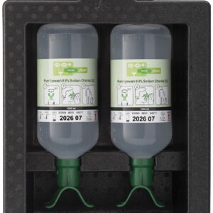 Plum iBox 2 med 2 x 1000 ml DUO natriumklorid – stor kapasitet for rask og effektiv skylling av begge øyne samtidig.