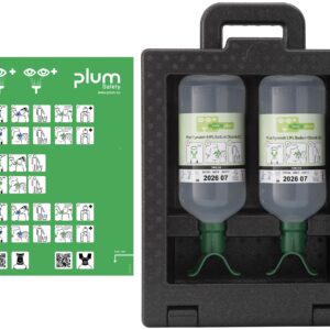 Plum iBox 2 med 2 x 1000 ml DUO natriumklorid – stor kapasitet for rask og effektiv skylling av begge øyne samtidig.