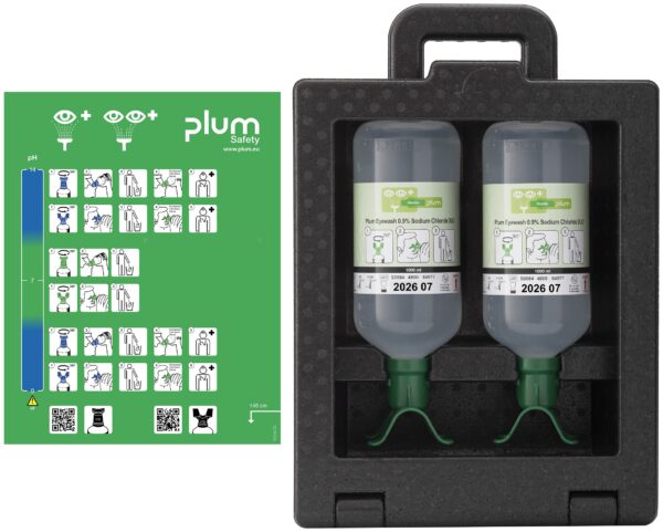 Plum iBox 2 med 2 x 1000 ml DUO natriumklorid – stor kapasitet for rask og effektiv skylling av begge øyne samtidig.