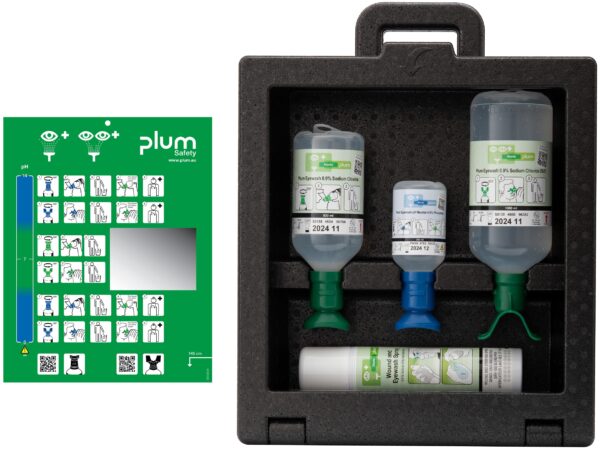 Plum iBox 3 komplett stasjon – med pH Nøytral, natriumklorid og sårspray for rask førstehjelp ved både kjemiske og mekaniske skader.