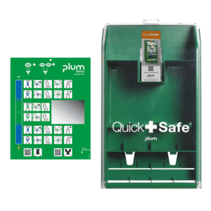 Plum QuickSafe Empty – tom førstehjelpsstasjon med gjennomsiktig front. Bygg din egen løsning med Plum sine refiller.