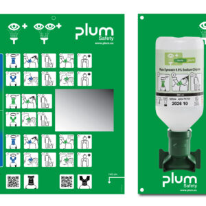 Plum Øyeskyll veggstasjon med 500 ml natriumklorid – en kompakt og praktisk løsning for små og mobile arbeidsplasser.