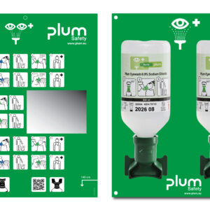Plum Øyeskyll veggstasjon 2x500 ml 0,9 % med øyekopp – komplett løsning med monteringsplate og Eyewash Plan.
