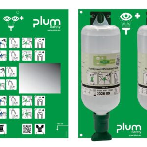 Plum Øyeskyll veggstasjon 2x1000 ml 0,9 % med øyekopp – stor kapasitet med monteringsplate og Eyewash Plan.