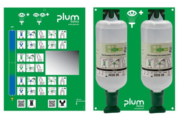 Plum Øyeskyll veggstasjon 2x1000 ml 0,9 % med øyekopp – stor kapasitet med monteringsplate og Eyewash Plan.