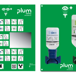 Plum Øyeskyll veggstasjon med 200 ml pH Nøytral og 500 ml natriumklorid – komplett løsning med monteringsplate og Eyewash Plan.