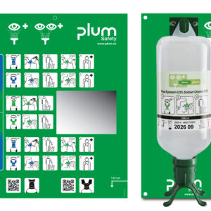 Plum Øyeskyll veggstasjon 1000 ml 0,9 % DUO – komplett løsning med DUO-øyekopp, monteringsplate og Eyewash Plan.