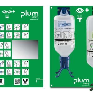 Plum Øyeskyll veggstasjon med 500 ml pH Nøytral og 1000 ml DUO natriumklorid – komplett løsning med monteringsplate og Eyewash Plan.