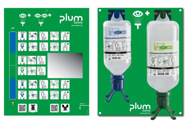 Plum Øyeskyll veggstasjon med 500 ml pH Nøytral og 1000 ml DUO natriumklorid – komplett løsning med monteringsplate og Eyewash Plan.