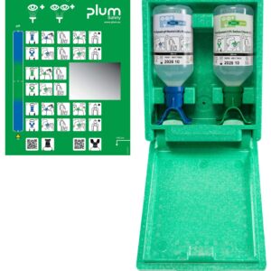 Plum Combi-Box DUO øyeskyllstasjon med pH-nøytral øyeskyll og natriumklorid DUO for samtidig skylling av begge øyne.
