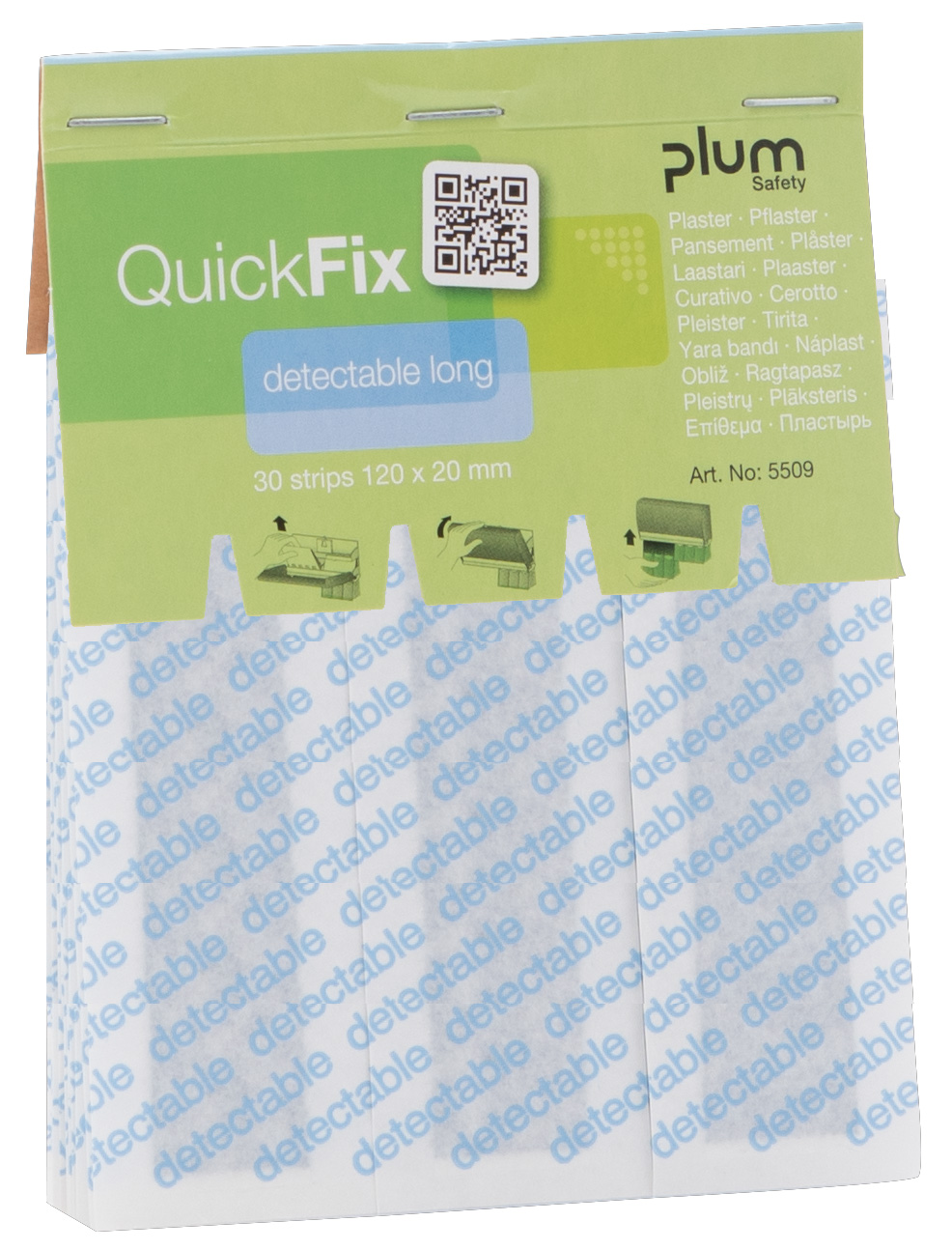 Plum QuickFix Detekterbare Long plaster refill med ekstra lange blå, metalldetekterbare plaster.