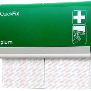 Plum QuickFix Elastic Long dispenser med 60 ekstra lange elastiske plaster for sikker sårbehandling.